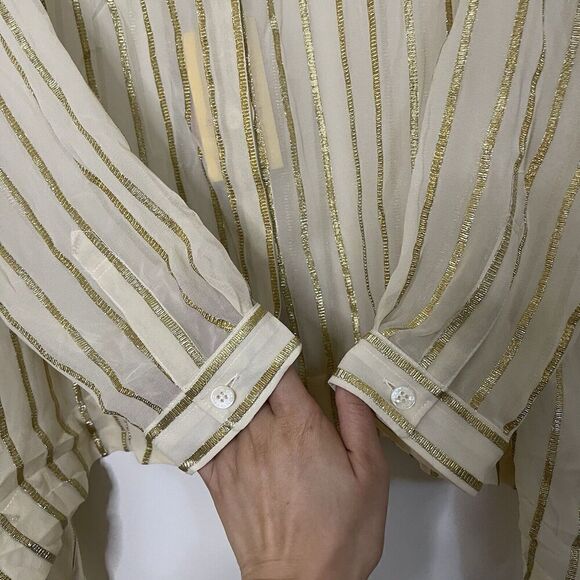NEW! ETRO ivory gold striped button down silk blouse tie collar IT 48 US L $800 - Picture 4 of 7